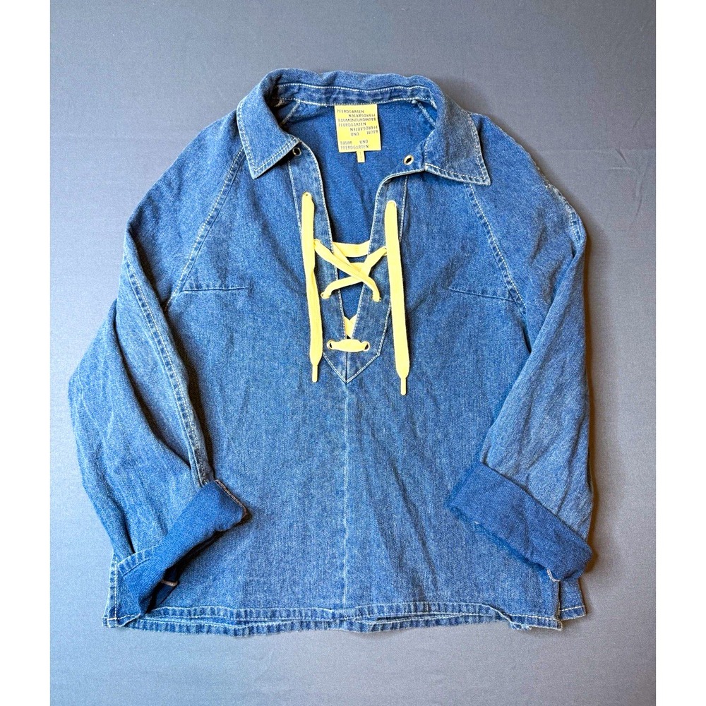 Baum und Pferdgarten Blue Denim Collared Long Sleeve Lace-Up Blouse M